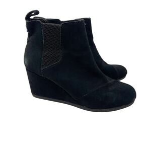 TOMS Womens Size 7.5 Black Suede Leather Wedge Ankle Bootie Almond Toe Slip On